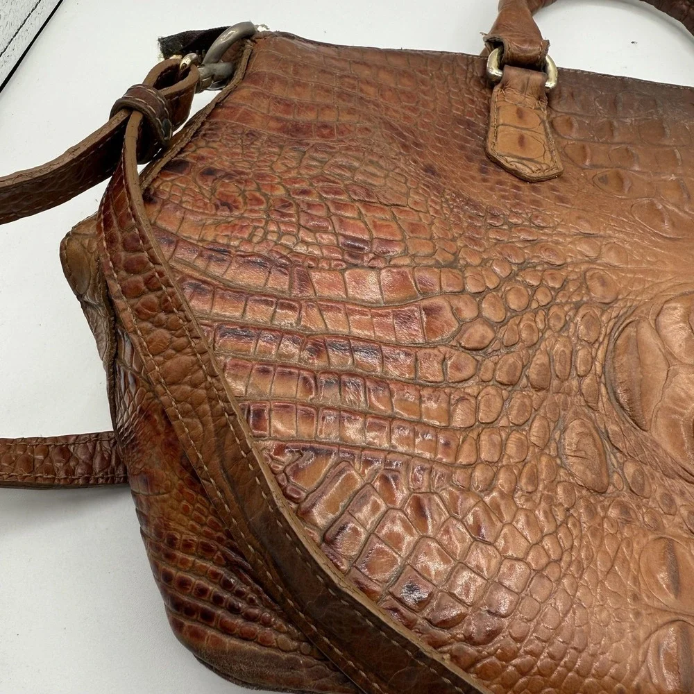 Brahmin Satchel Womens Brown Embossed Croc Leather Shoulder Bag Purse Distressed